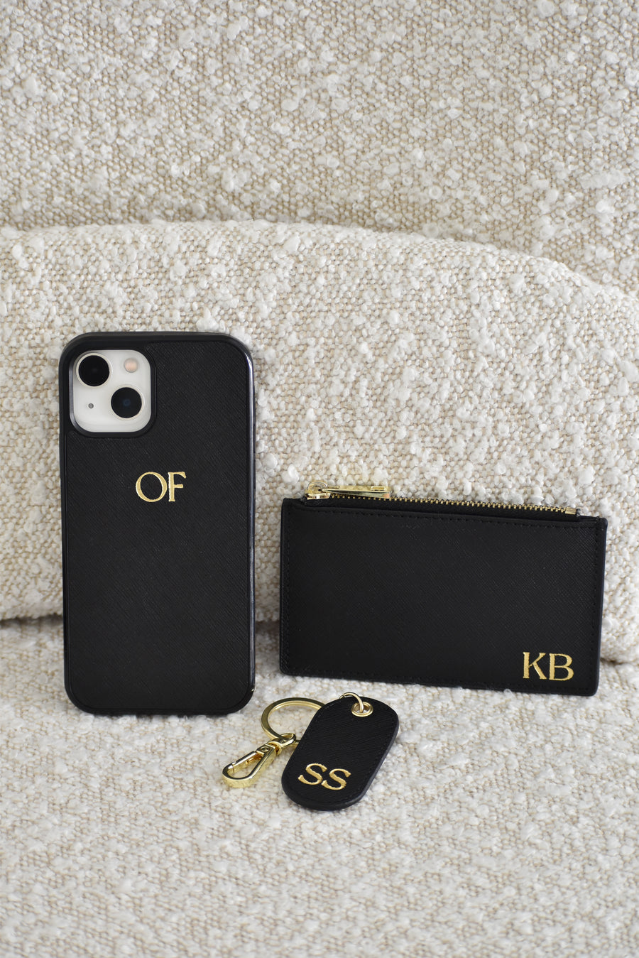 iPhone 15 Plus Personalised Leather Case - Black & Sandy Beige Saffiano Leather