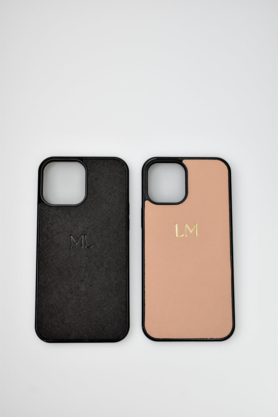 iPhone 14 Plus Personalised Leather Case - Black & Sandy Beige