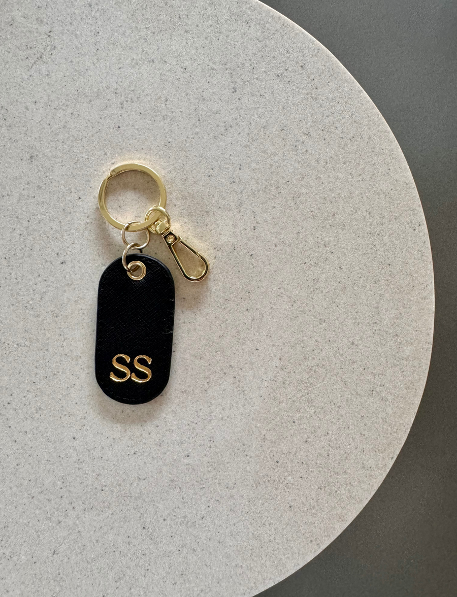 Personalised Leather Oval Keyring - Black & Gold