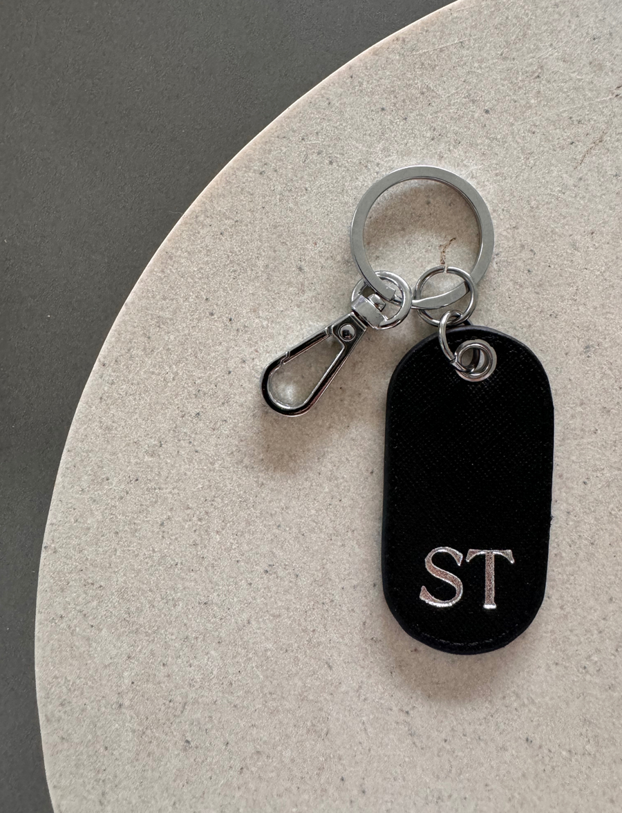 Personalised Leather Oval Keyring - Black & Silver