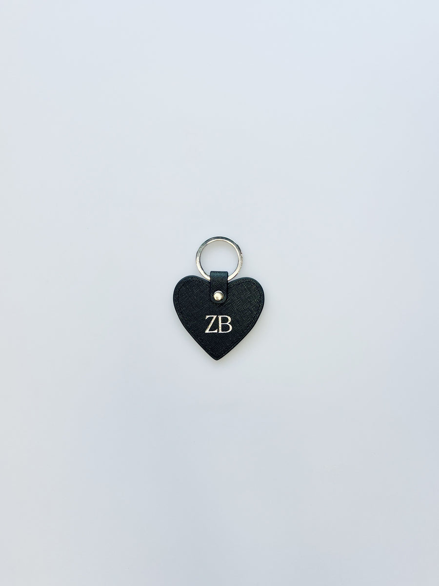 Personalised Leather Heart Keyring - Black with Silver Hardware