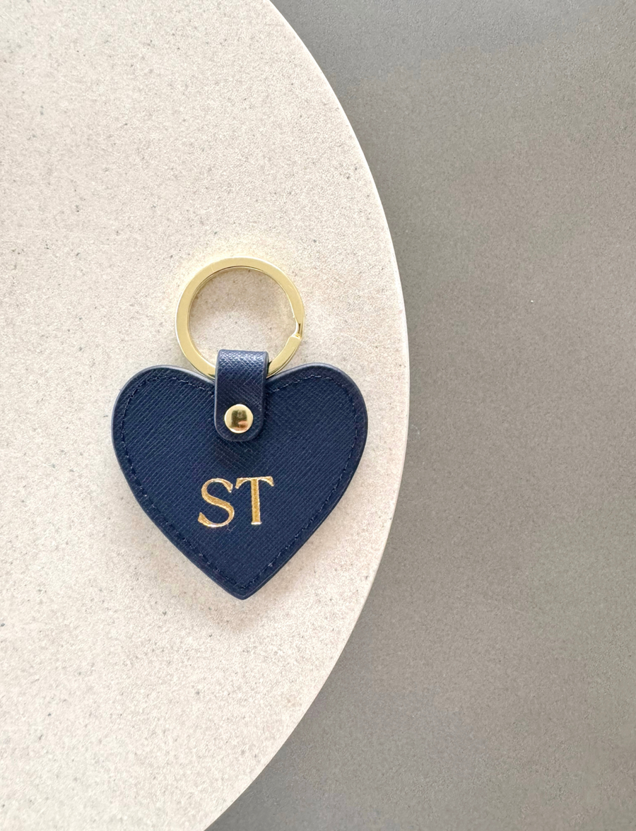 Personalised Leather Heart Keyring - Navy