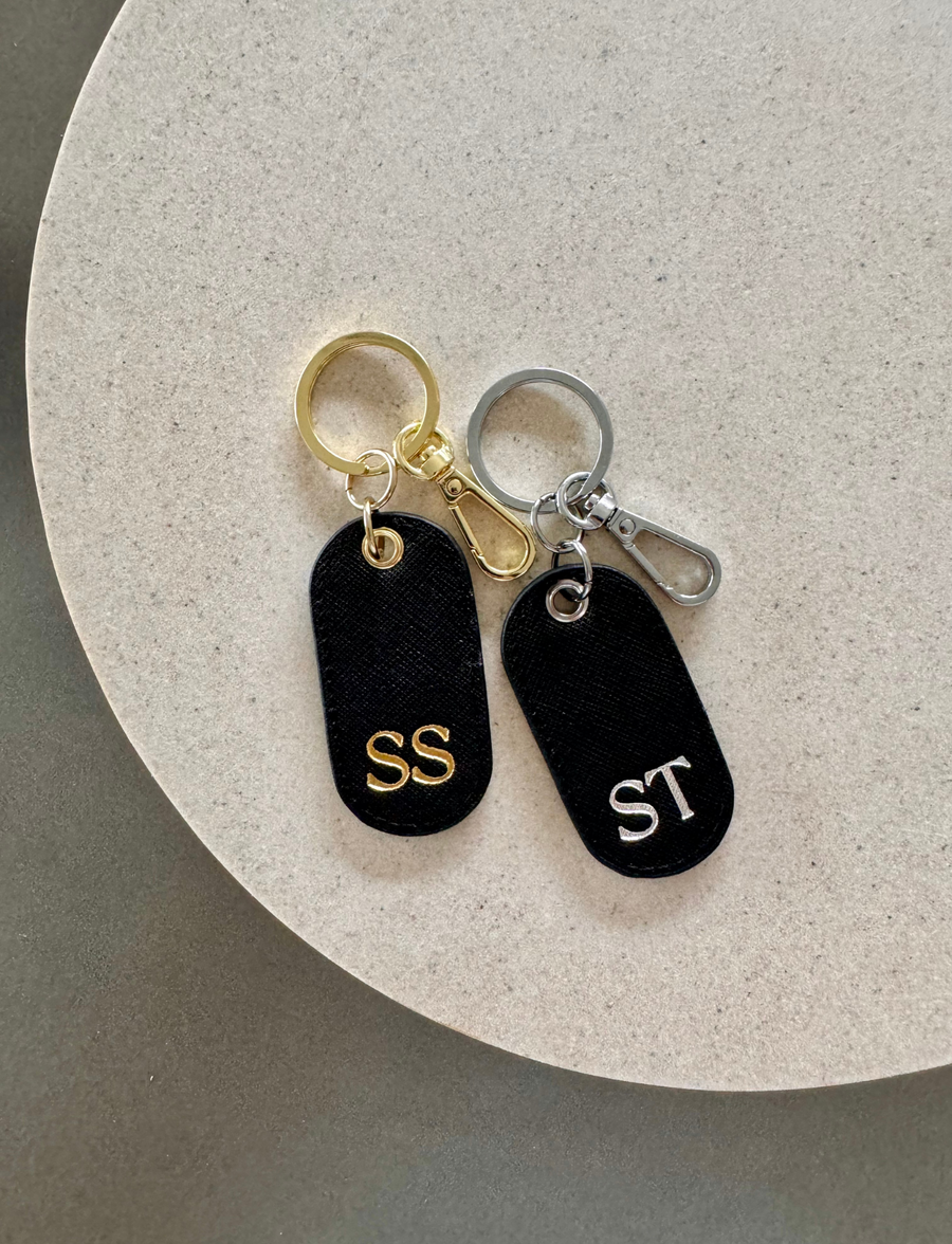 Personalised Leather Oval Keyring - Black & Gold