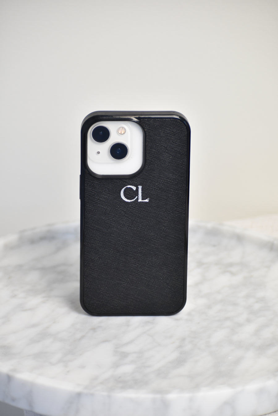 iPhone 14 Personalised Leather Case - Black & Sandy Beige