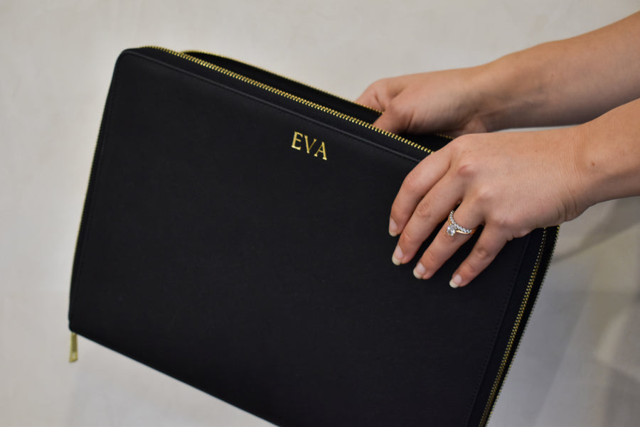 Personalised Vegan Leather Laptop Case Black with Gold Hardware
